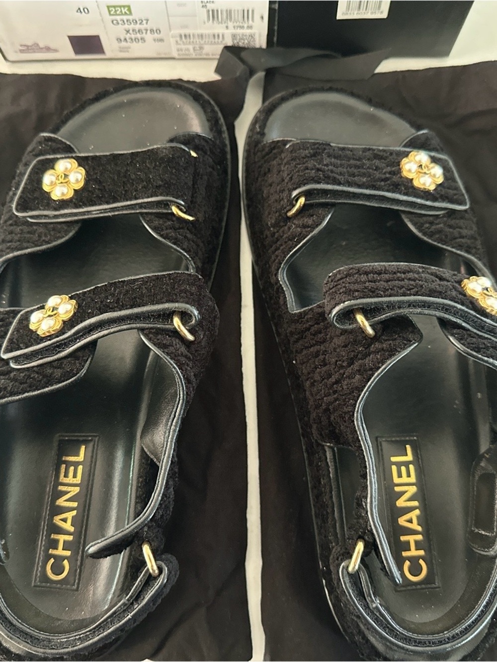 CHANEL Black Tweed Slide Sandals with Gold Camellia Accents